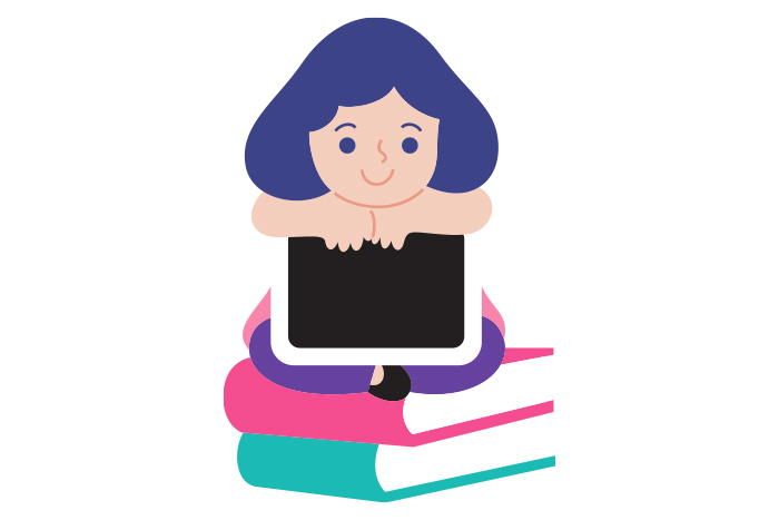 Illustration: Ein Mädchen sitzt im Schneidersitz auf zwei Büchern. In den Händen hält sie ein Tablet. 